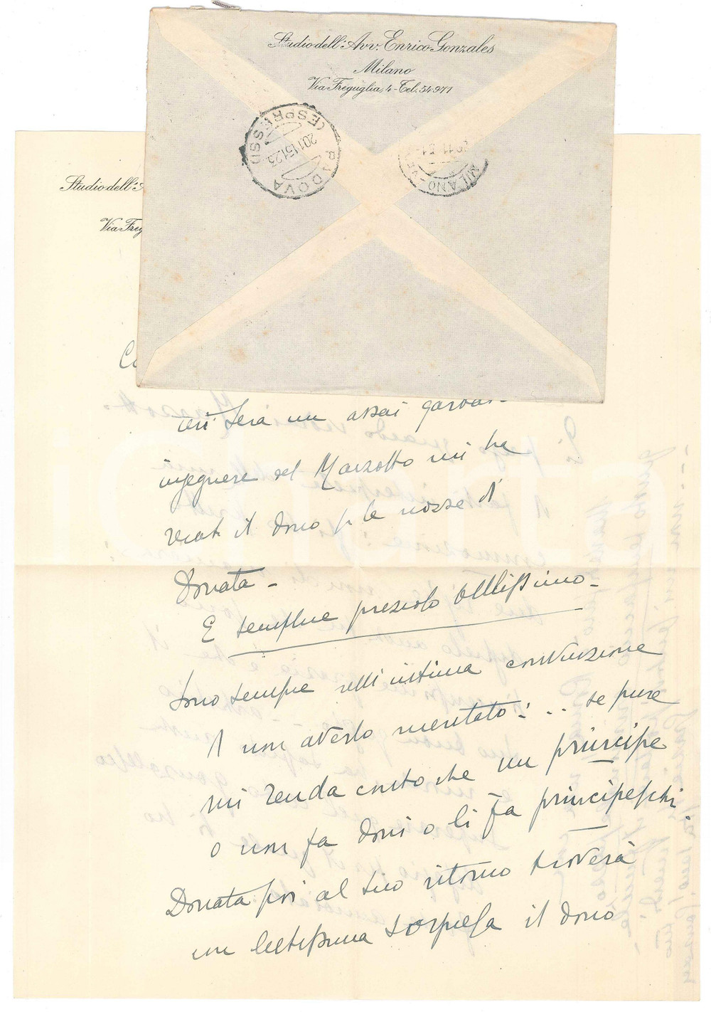 Autografo originale 1951 MILANO Lettera Enrico GONZALES per dono da MARZOTTO  AUTOGRAFO 1