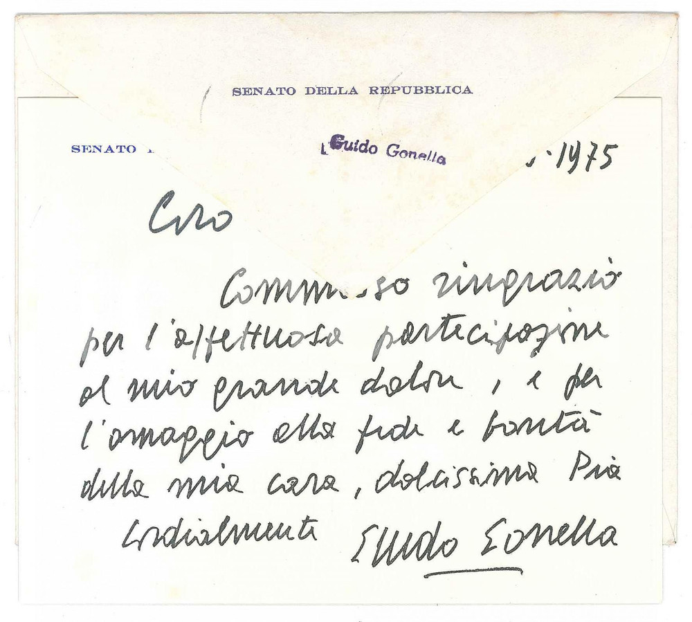 Autografo originale 1975 ROMA Senatore Guido GONELLA  Biglietto ringraziamento AUTOGRAFO 1