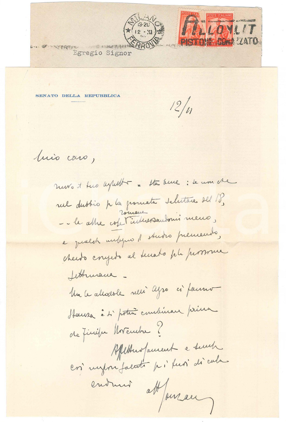 Autografo originale 1949 MILANO Lettera del senatore Enrico GONZALES a un amico  AUTOGRAFO 1