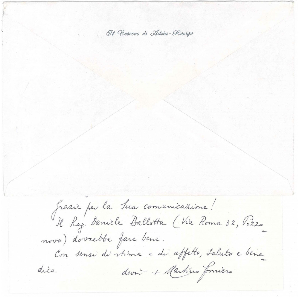 Autografo originale 1990 ROVIGO Biglietto mons. Martino GOMIERO vescovo  Ringraziamento  AUTOGRAFO 1