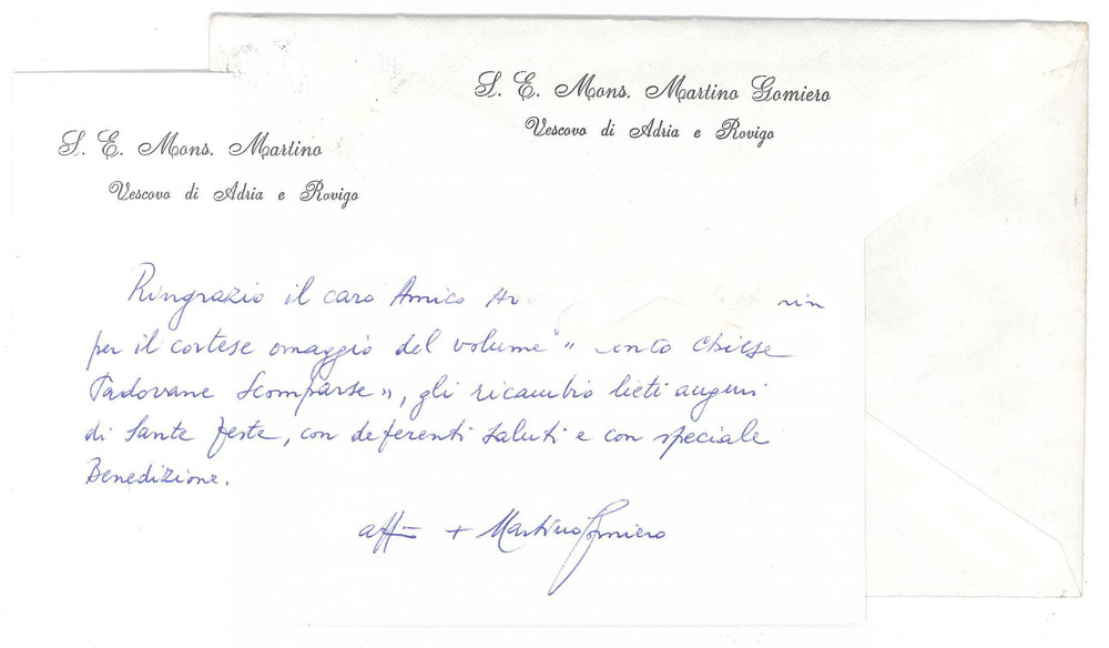 Autografo originale 1988 ROVIGO Biglietto mons. Martino GOMIERO vescovo per omaggio AUTOGRAFO 1