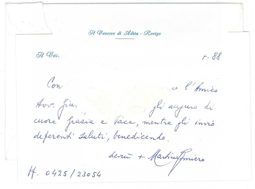 Autografo originale 1988 ROVIGO Biglietto mons. Martino GOMIERO vescovo  Auguri  AUTOGRAFO 1