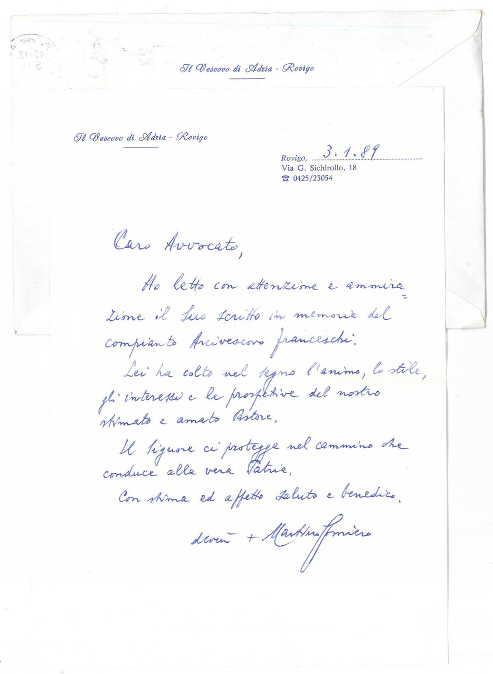 Autografo originale 1989 ROVIGO Lettera mons. Martino GOMIERO vescovo per saggio ricevuto AUTOGRAFO 1