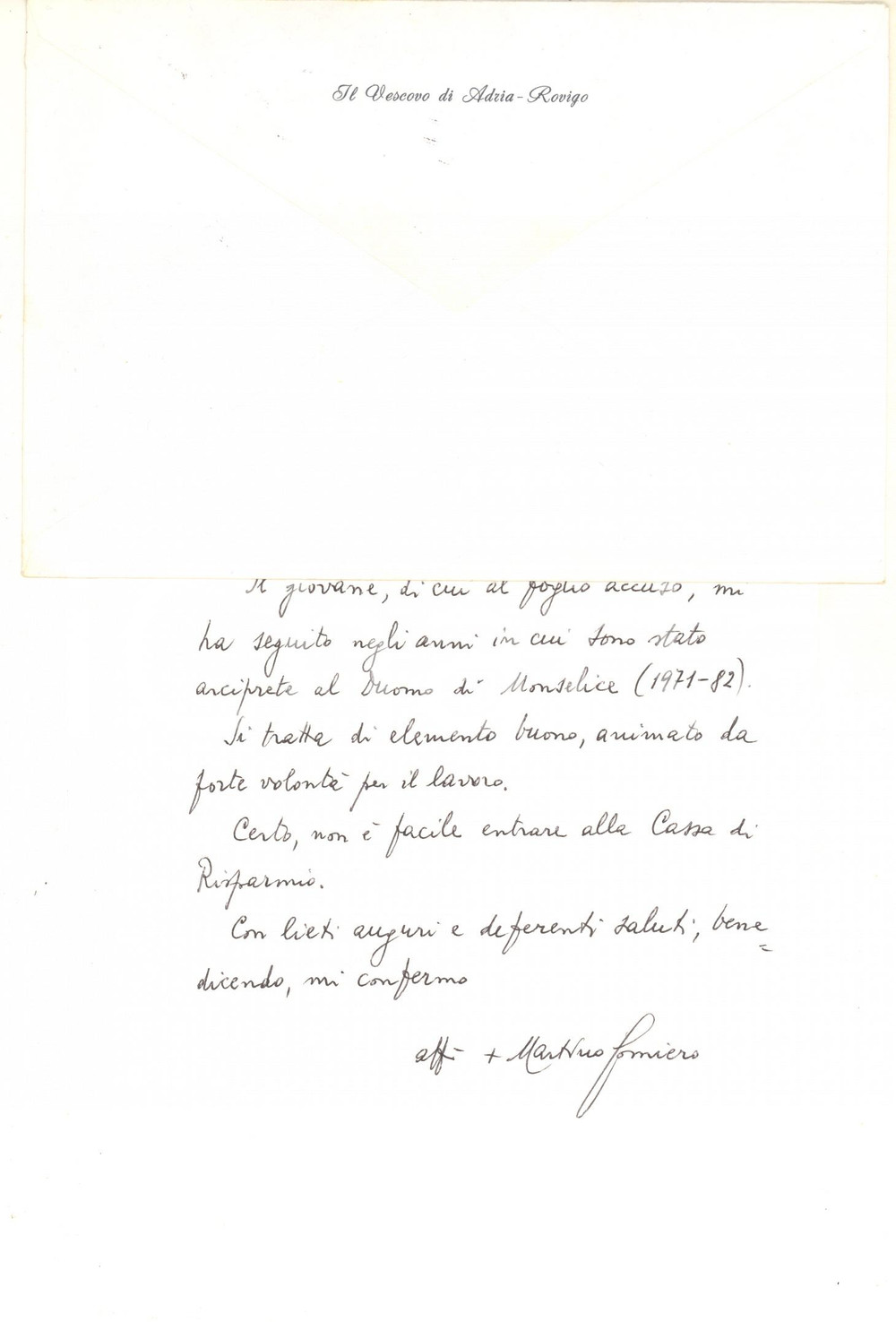 Autografo originale 1990 ROVIGO Lettera mons. Martino GOMIERO vescovo per raccomandazione AUTOGRAFO 1