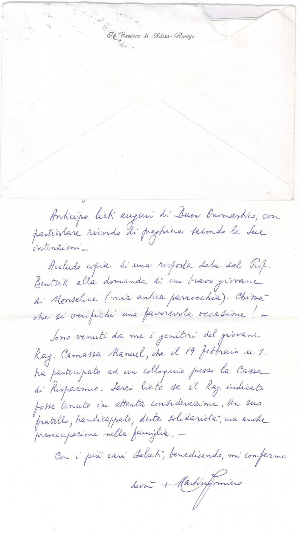 Autografo originale 1991 ROVIGO Lettera mons. Martino GOMIERO vescovo  Raccomandazione AUTOGRAFO 1