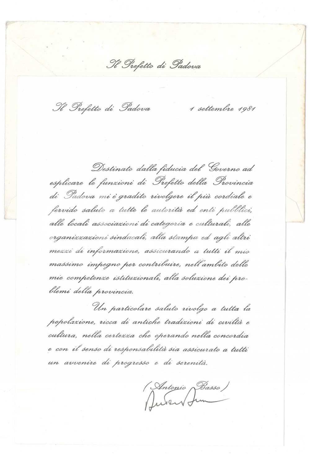 Autografo originale 1981 PADOVA Prefetto Antonio BASSO  Lettera insediamento  AUTOGRAFO 1