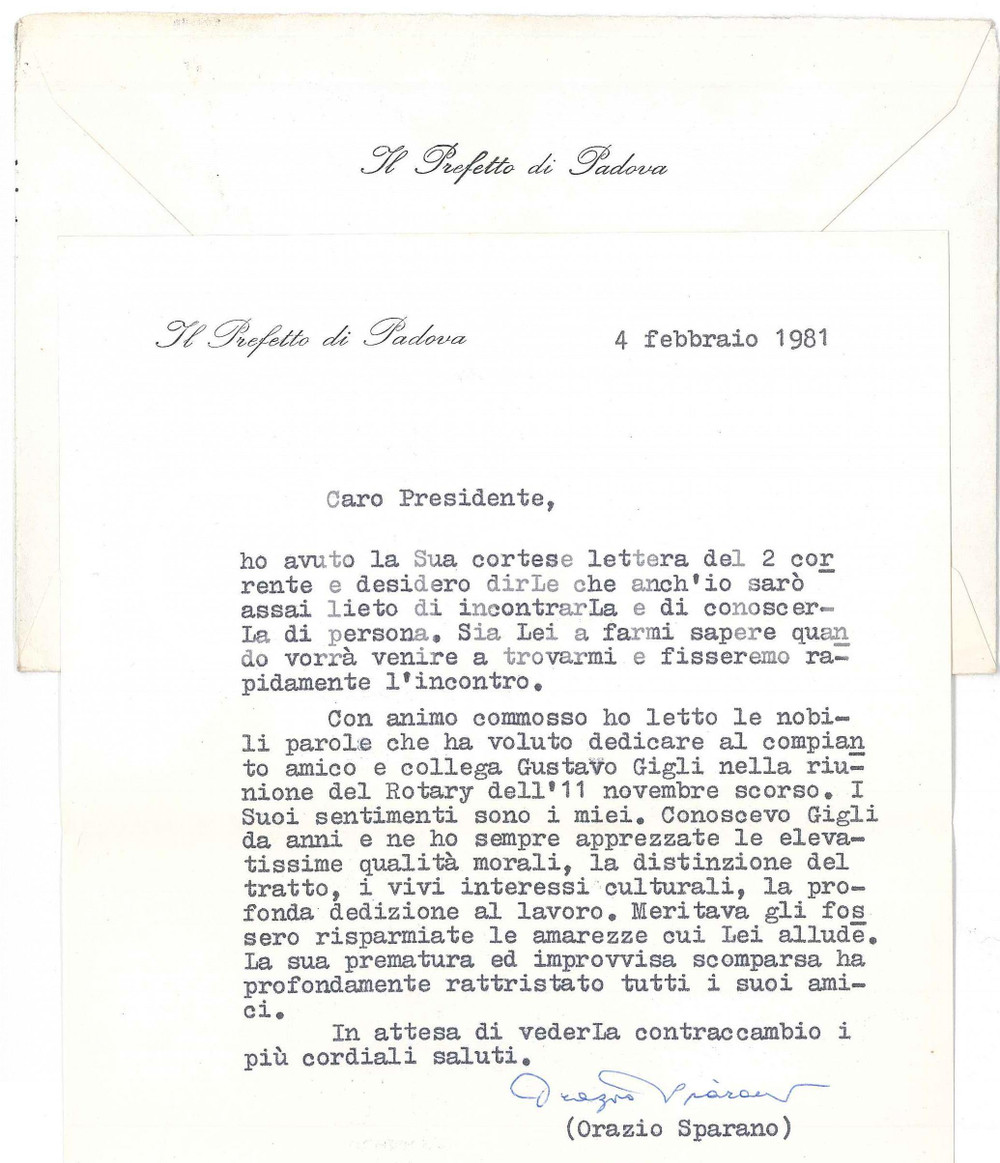 Autografo originale 1981 PADOVA Prefetto Orazio SPARANO  Lettera su Gustavo Gigli   AUTOGRAFO 1
