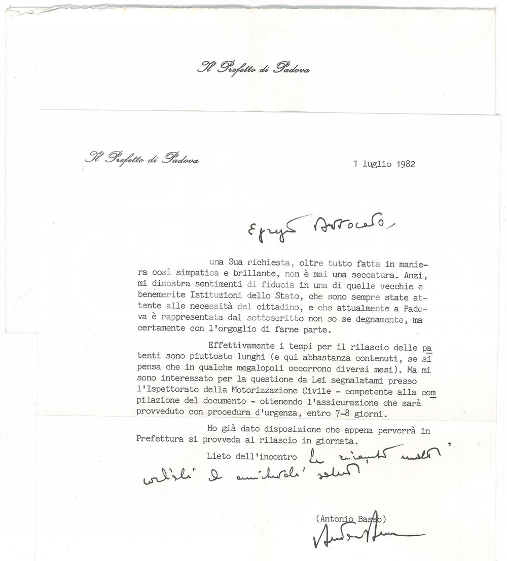 Autografo originale 1982 PADOVA Prefetto Antonio BASSO  Lettera per rilascio patente  AUTOGRAFO 1