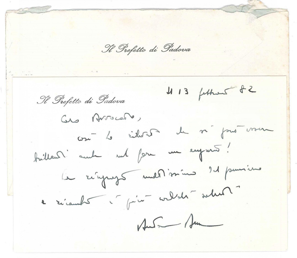 1982 PADOVA Prefetto Antonio BASSO - Biglietto ringraziamento - AUTOGRAFO Biglietto con messaggio autografo, intestato.Busta viaggiata.  GOOD/buono  Formato: 17x11 cm originale e autentica 1