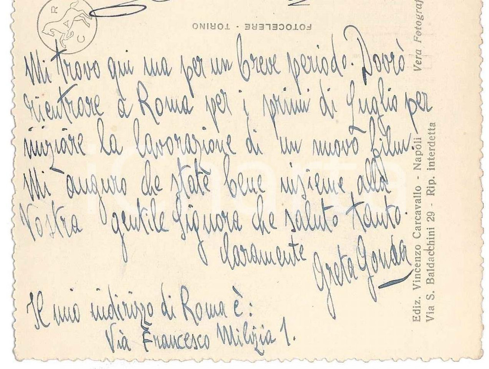 Autografo originale 1948 CAPRI Cartolina Greta GONDA in vacanza prima di un nuovo film AUTOGRAFO 1