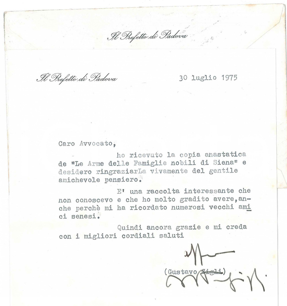 Autografo originale 1975 PADOVA Prefetto Gustavo GIGLI  Lettera per omaggio libro  AUTOGRAFO 1