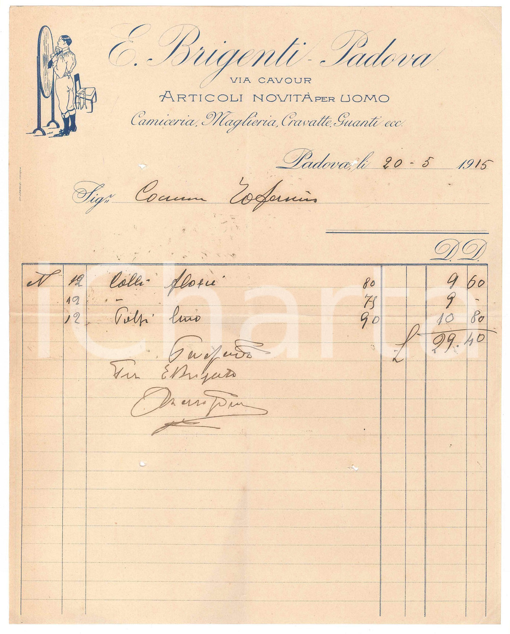 Documento originale, autentico 1915 PADOVA  E. BRIGENTI Articoli per uomo Camiceria Cravatte Guanti  Fattura 1