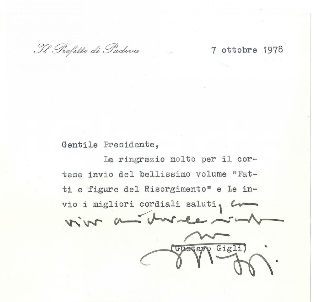 Autografo originale 1978 PADOVA Prefetto Gustavo GIGLI  Lettera ringraziamento  AUTOGRAFO 1