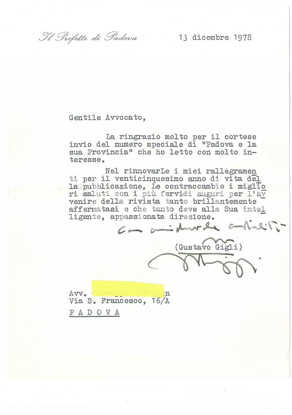 Autografo originale 1978 PADOVA Prefetto Gustavo GIGLI  Lettera auguri  AUTOGRAFO 1