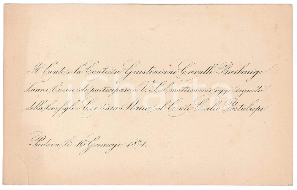 Documento originale, autentico 1871 PADOVA Partecipazione nozze conti Maria GIUSTINIANI  Giulio PORTALUPI 1