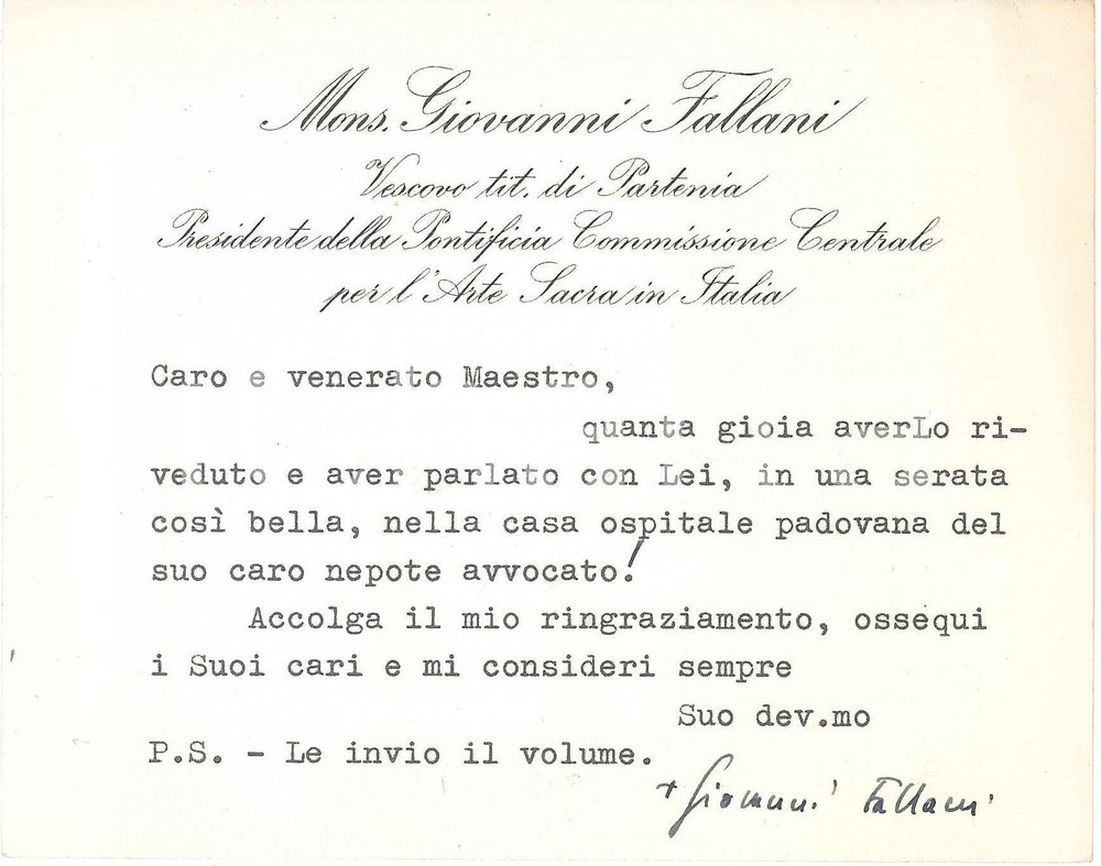 1970 ca ROMA Biglietto mons. Giovanni FALLANI vescovo di PARTENIA *Autografo