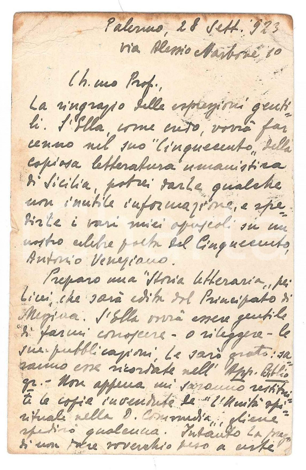 Autografo originale 1923 PALERMO Francesco BIONDOLILLO sugli umanisti di Sicilia  AUTOGRAFO 1