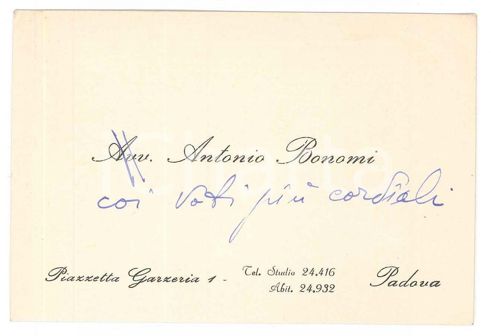 Autografo originale 1960 ca PADOVA Avv. Antonio BONOMI  Biglietto da visita AUTOGRAFO 1