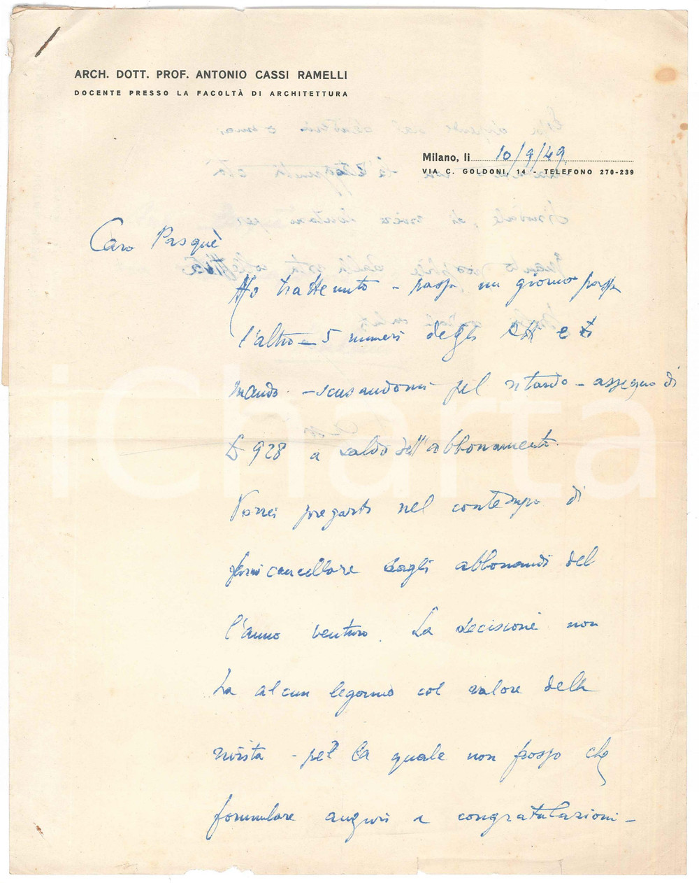 Autografo originale 1949 MILANO Lettera Antonio CASSI RAMELLI per disdetta abbonamento AUTOGRAFO 1
