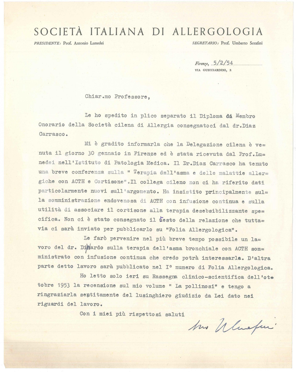 Autografo originale 1954 FIRENZE Lettera Umberto SERAFINI  SocietÃ  Italiana Allergologia AUTOGRAFO 1