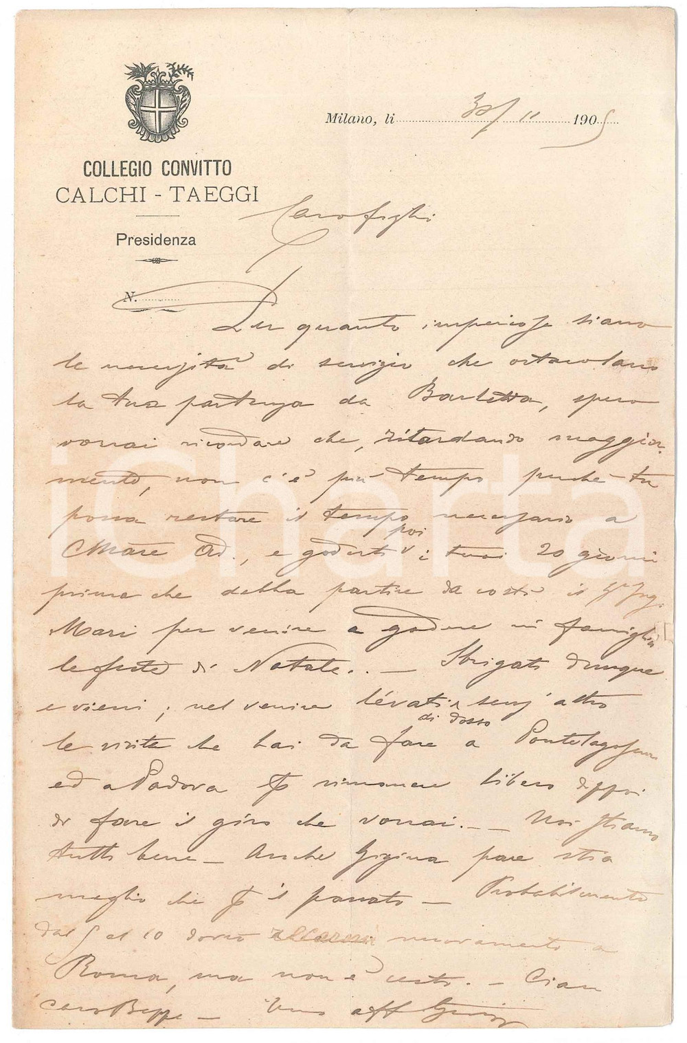 Documento originale, autentico 1905 MILANO Collegio Convitto CALCHITAEGGI  Lettera del preside AUTOGRAFO 1