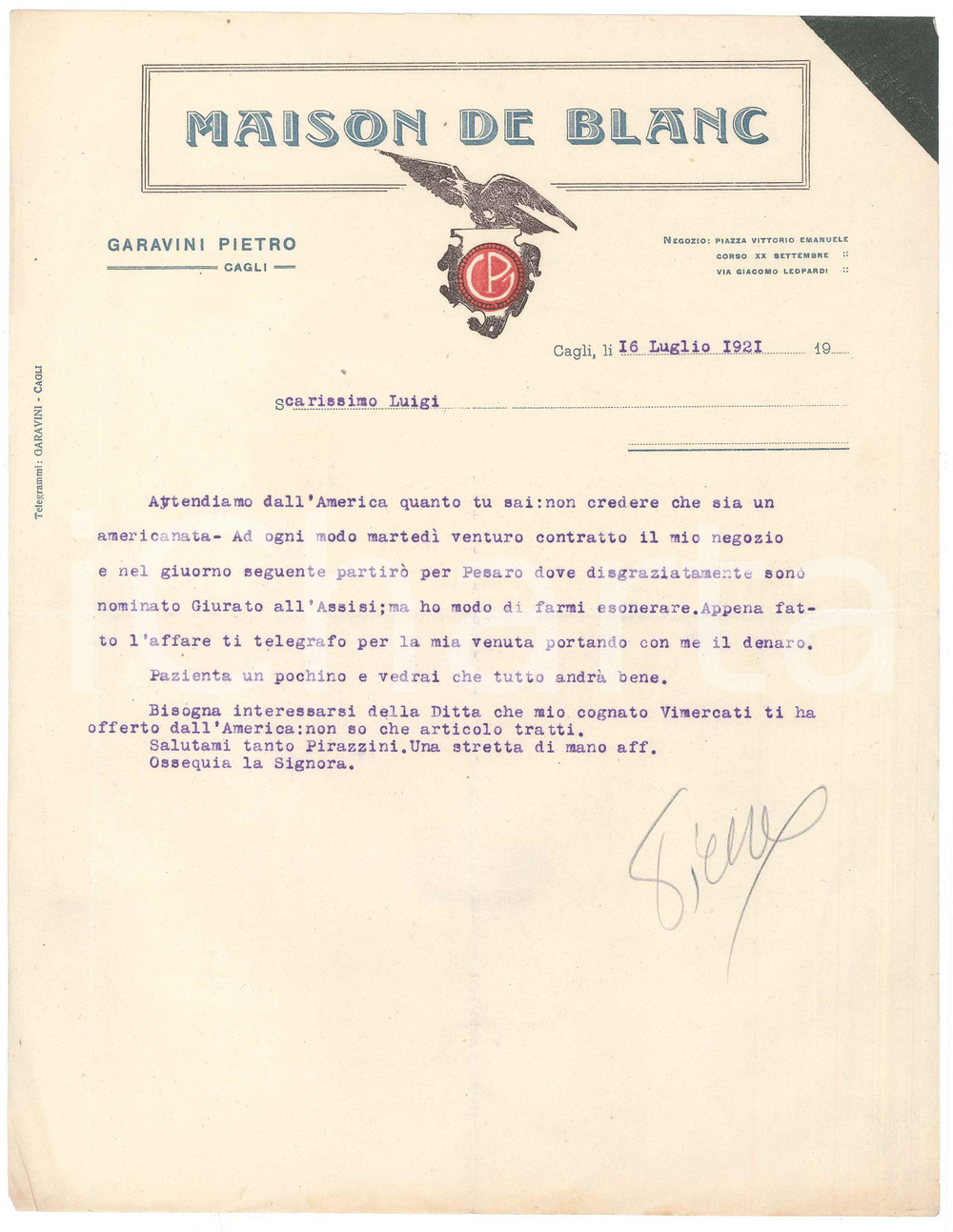 Documento originale, autentico 1921 CAGLI Lettera Pietro GARAVINI  MAISON DE BLANC  Carta intestata 1