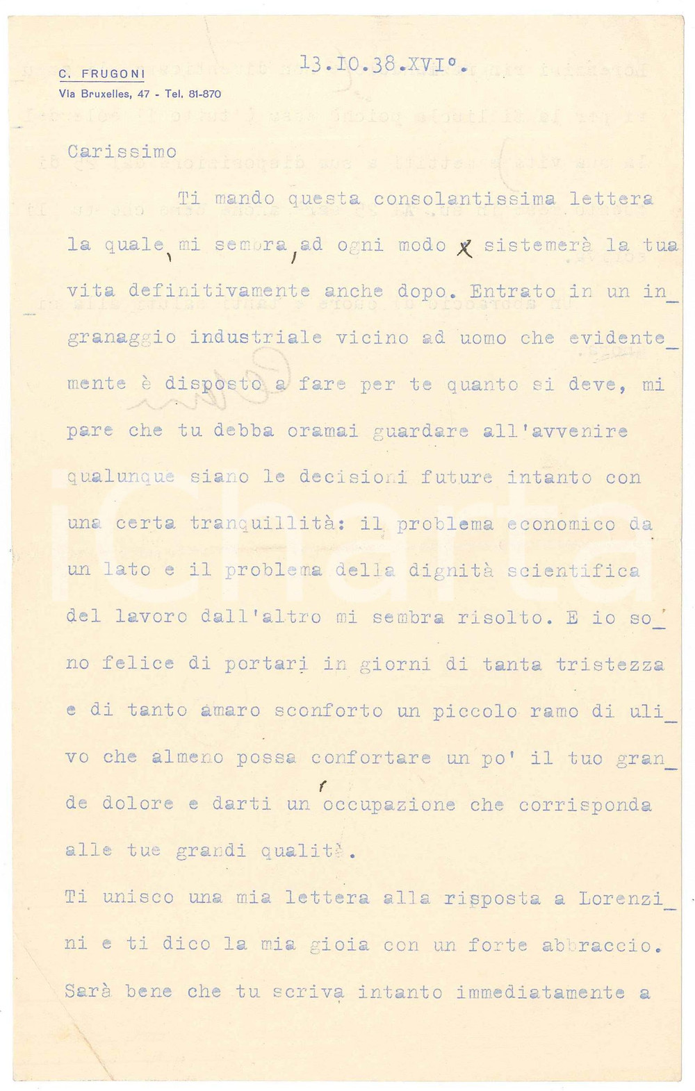 Autografo originale 1938 ROMA Lettera Cesare FRUGONI Porto un ramo di ulivo AUTOGRAFO 1