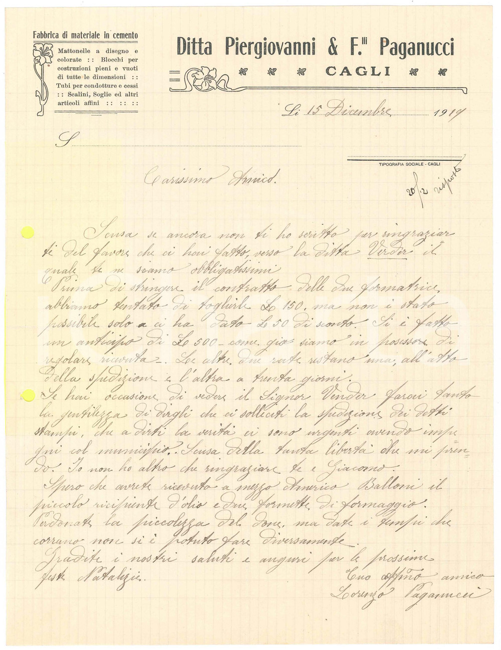 Documento originale, autentico 1919 CAGLI Lettera Lorenzo PAGANUCCI  Ditta Piergiovanni & F.lli PAGANUCCI 1