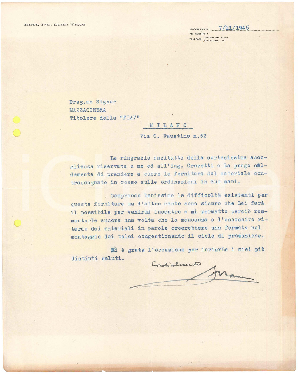 Autografo originale 1943 MILANO Lettera Johannes VON RAUTENKRANTZ per auguri 1