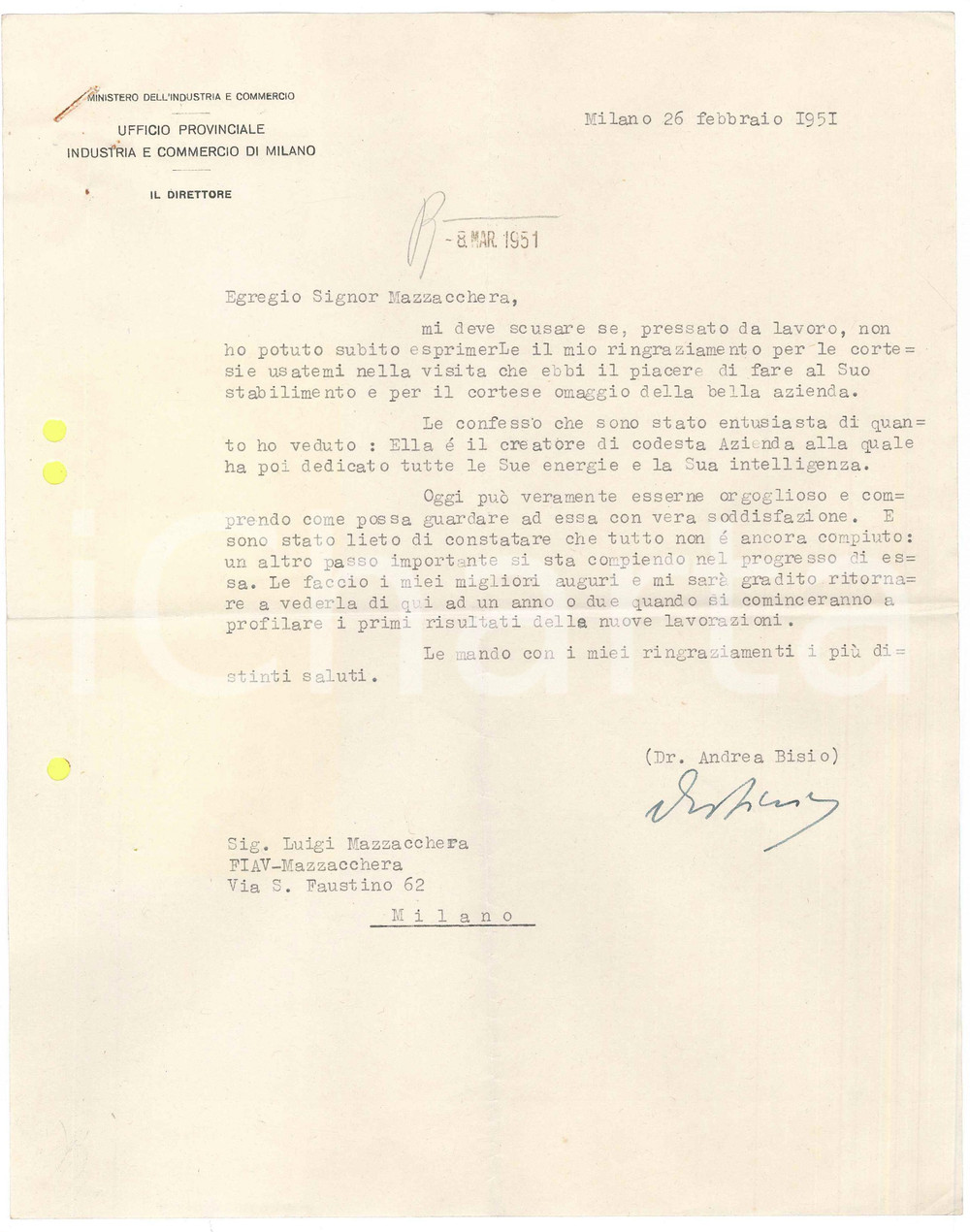 Autografo originale 1951 MILANO Lettera Andrea BISIO  Direttore Ufficio Industria AUTOGRAFO 3 1