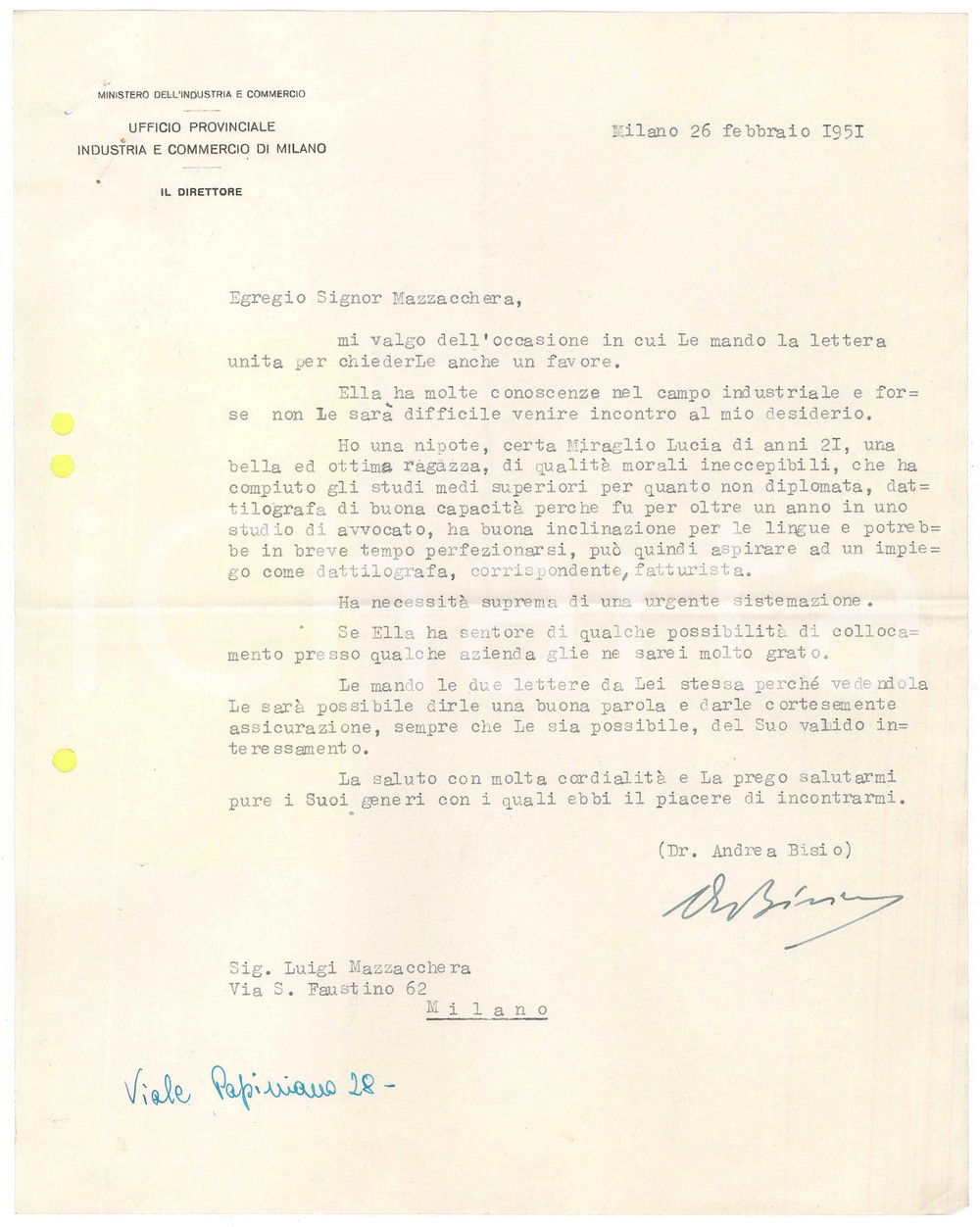 Autografo originale 1951 MILANO Lettera Andrea BISIO  Direttore Ufficio Industria AUTOGRAFO 2 1