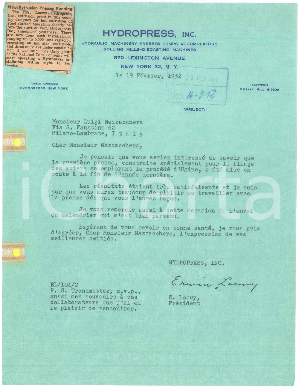 Autografo originale 1952 NEW YORK  HYDROPRESS  Lettera Erwin LOEWY per risultati pressa AUTOGRAFO 1