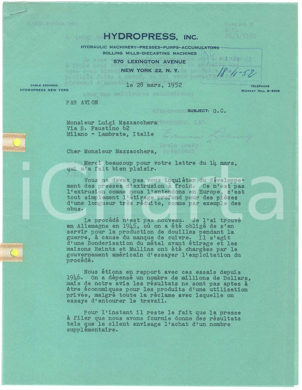 Autografo originale 1952 NEW YORK  HYDROPRESS  Lettera Erwin LOEWY per sviluppo presse Autografo 1