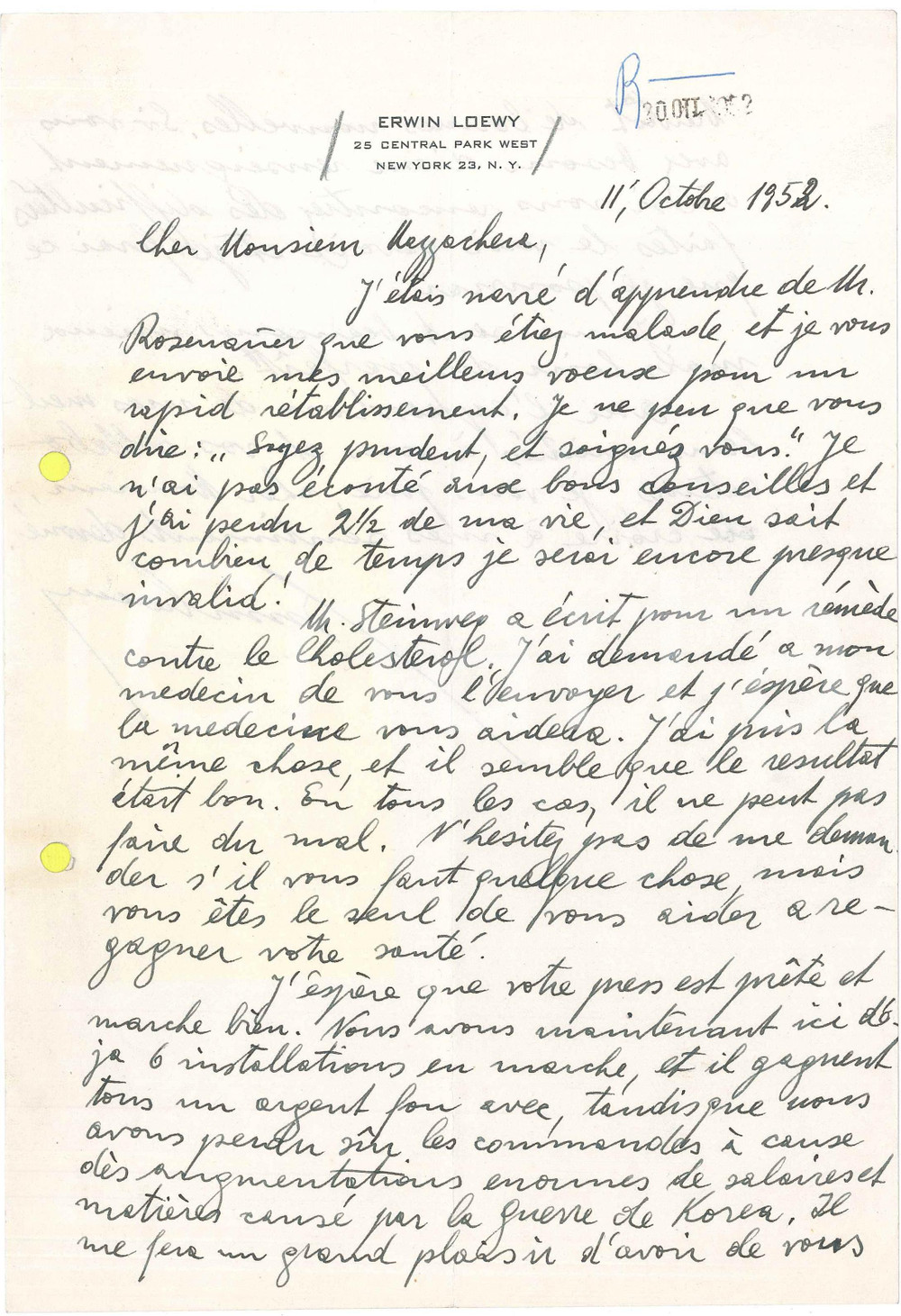 Autografo originale 1952 NEW YORK Lettera imprenditore Erwin LOEWY su affari in corso AUTOGRAFO 1
