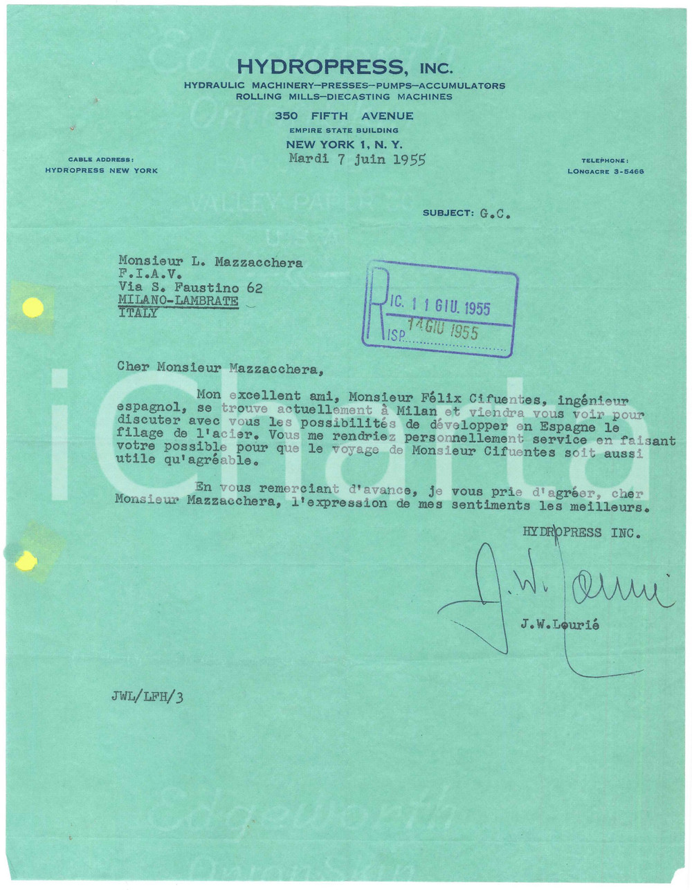 Autografo originale 1955 NEW YORK  HYDROPRESS Lettera Erwin LOEWY per arrivo di un amico AUTOGRAFO 1