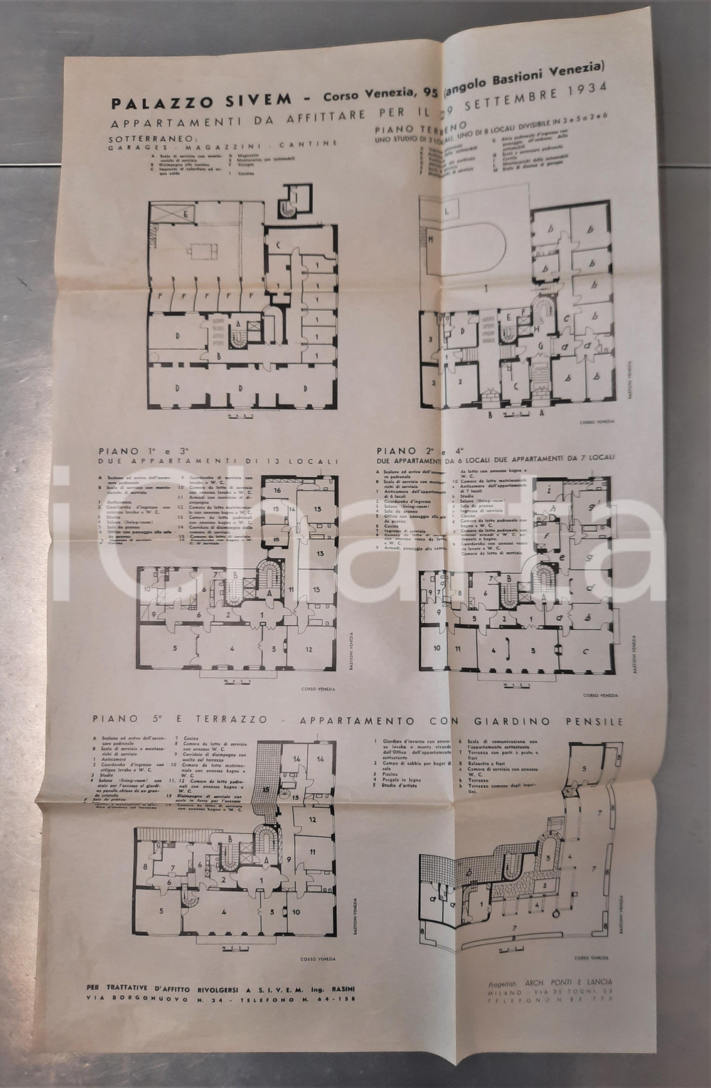 Mappa, planimetria storica 1934 MILANO Corso Venezia 95 PALAZZO SIVEM Arch. PONTI E LANCIA  Planimetria 1