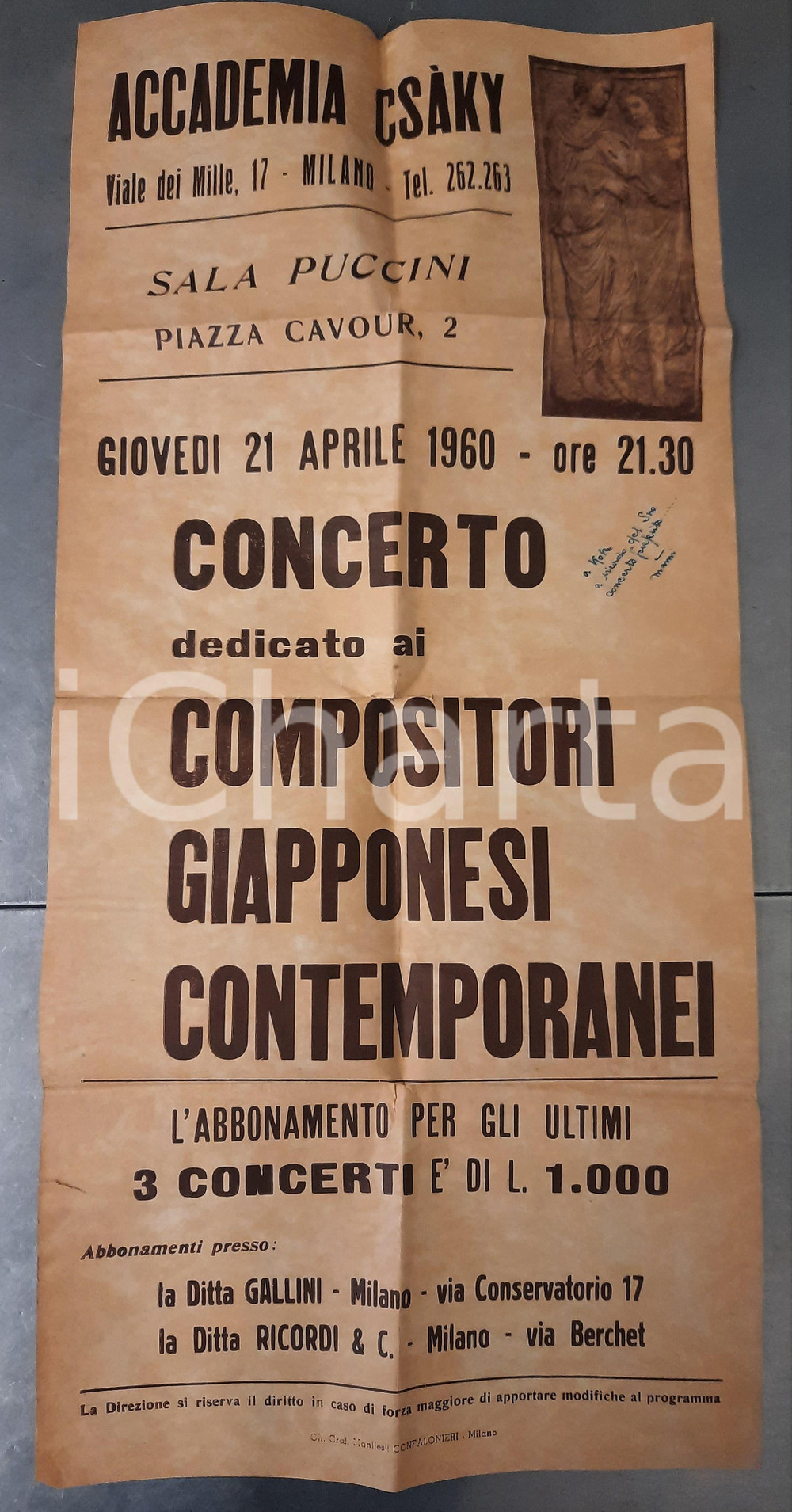 Materiale pubblicitario d’epoca 1960 MILANO Accademia CSAKY  Concerto compositori giapponesi Manifesto 1