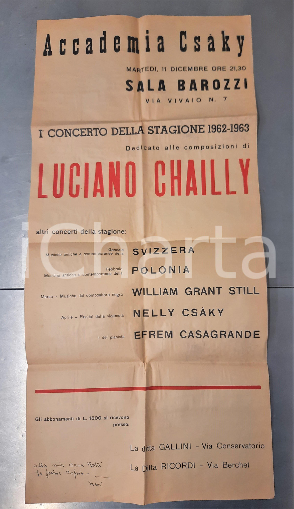 Materiale pubblicitario d’epoca 1962 MILANO Accademia CSAKY  Concerto composizioni Luciano CHAILLY Manifesto 1