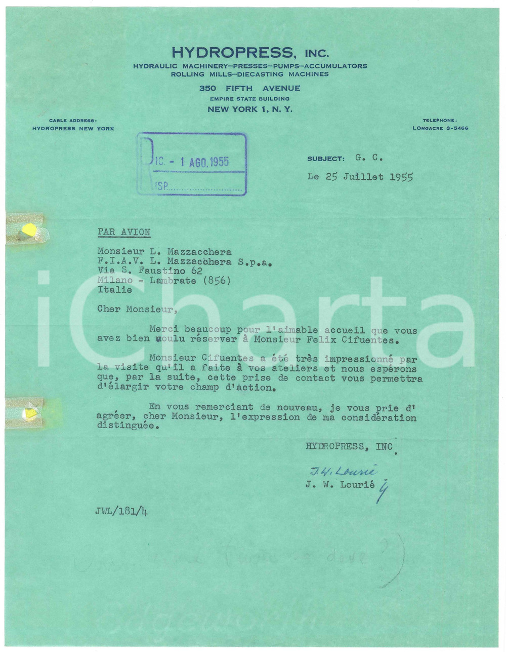 1955 NEW YORK - HYDROPRESS Lettera Erwin LOEWY per ringraziamento *AUTOGRAFO Lettera dattiloscritta, con firma autografa del costruttore Erwin Loewy.Su carta intestata.PAGINE: 1 FAIR/discreto fori da classificatore al lato sinistro; piegature d'epoca  originale e autentica 1