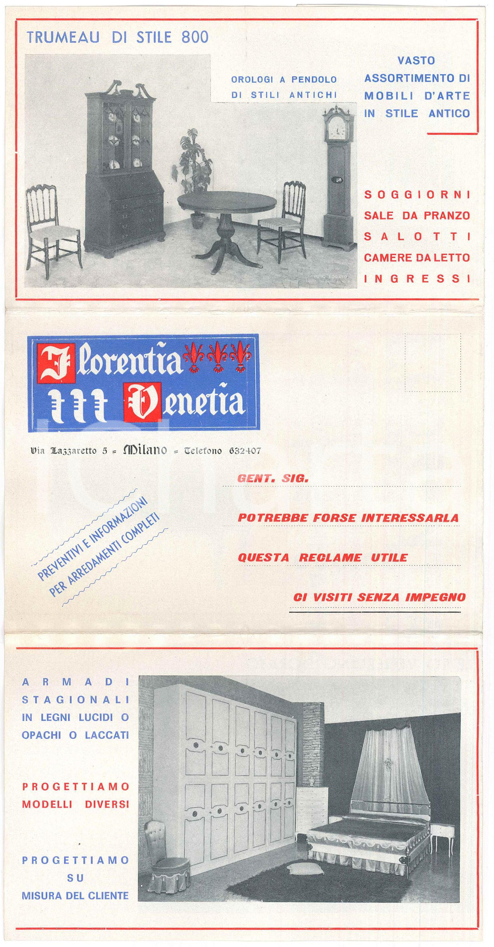 Materiale pubblicitario d’epoca 1950 ca MILANO Fabbrica mobili FLORENTIA VENETIA  Pieghevole ILLUSTRATO 1