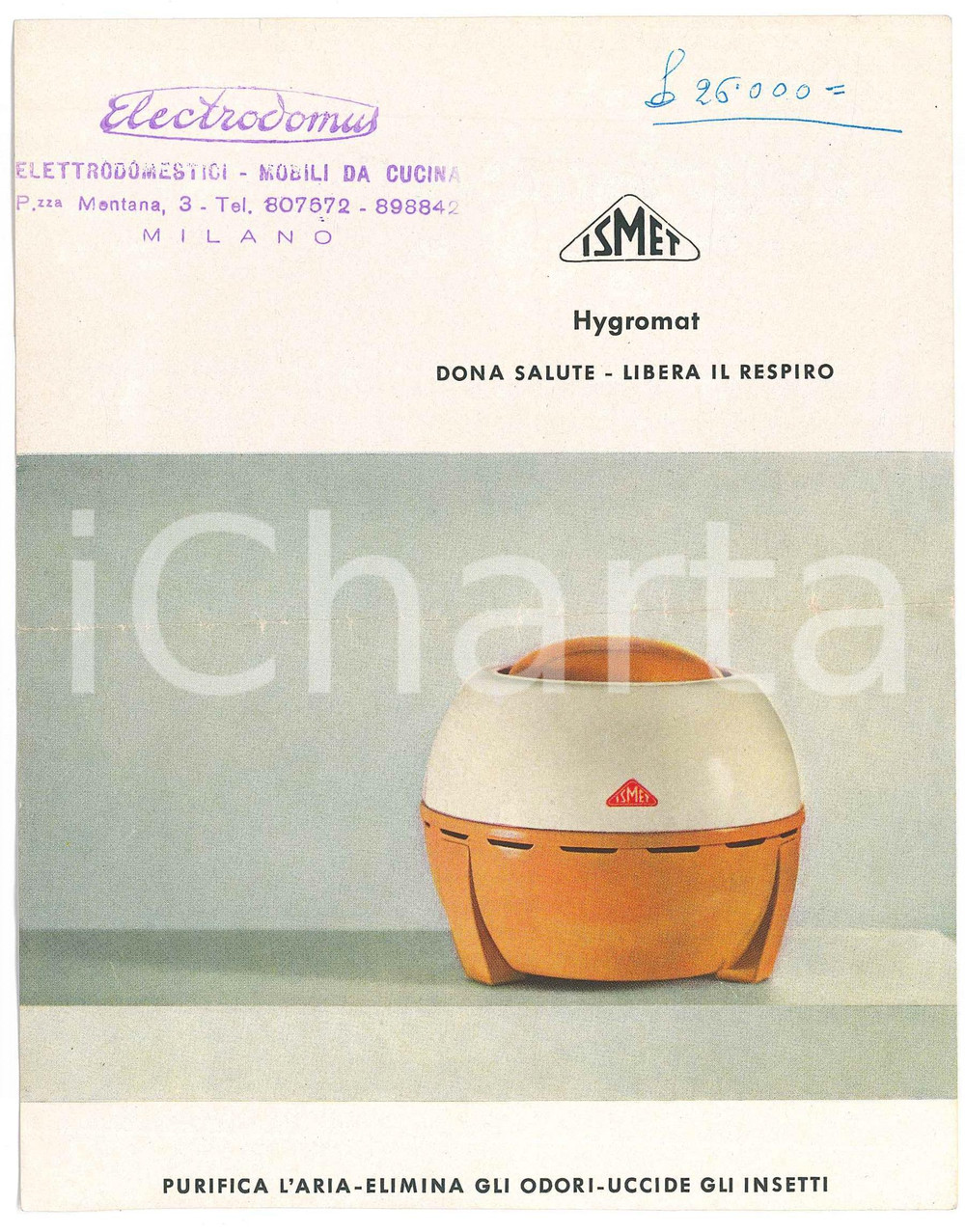 Materiale pubblicitario d’epoca 1960 ca Ditta ISMET  HYGROMAT Umidificatore elettrico  Volantino 1