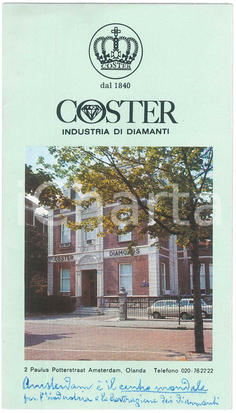 1975 ca AMSTERDAM - COSTER industria di diamanti *Pieghevole Pieghevole pubblicitario originale, illustrato, su 10 facciate. GOOD/buono ma scritta a penna alla prima facciata Formato: 15x10 cm (chiuso) originale e autentica 1