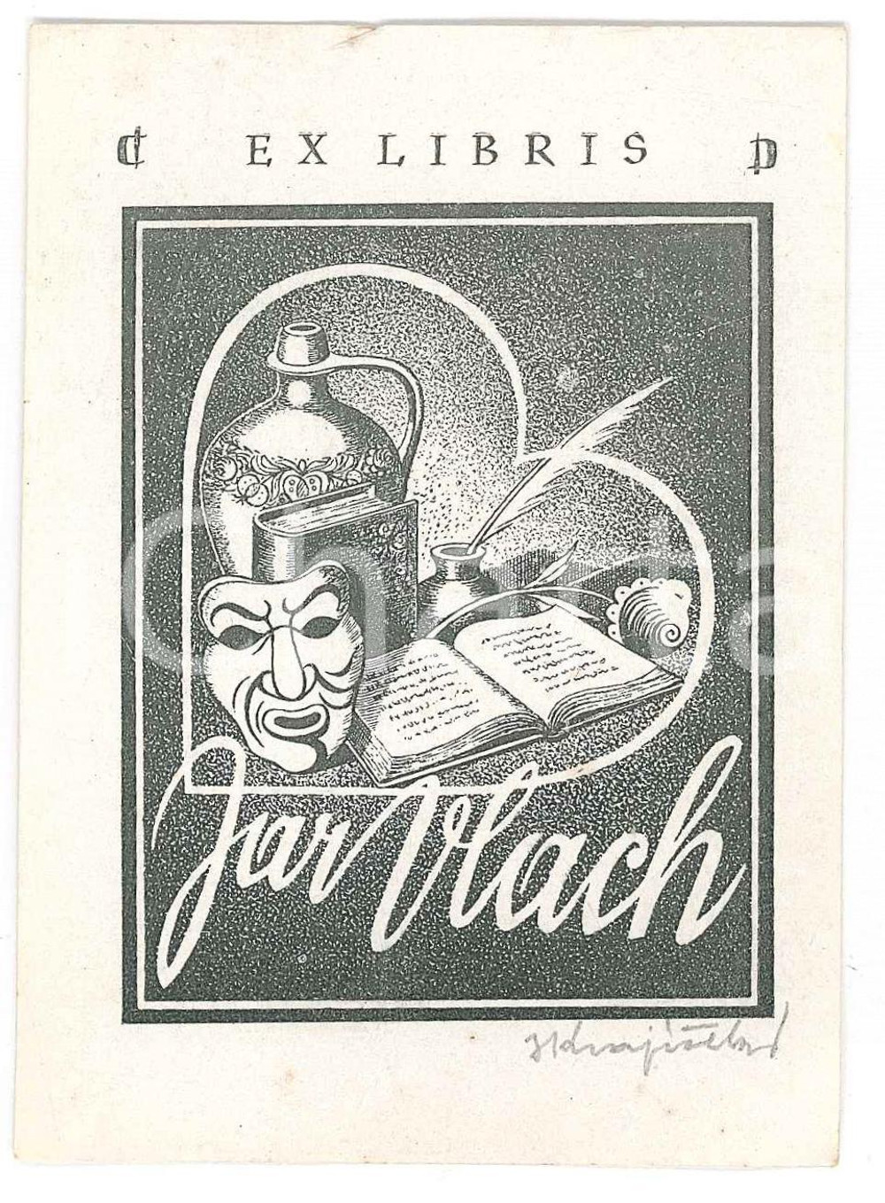 Oggetto da collezione cartaceo 1970 ca Jaroslav VLACH  Ex Libris con libro e maschera 8x10 cm 1