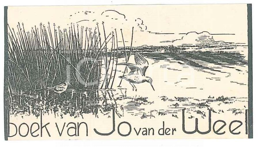 Oggetto da collezione cartaceo 1970 ca Jo VAN DER WEEL  Ex Libris con aironi e stagno 7x4 cm 1