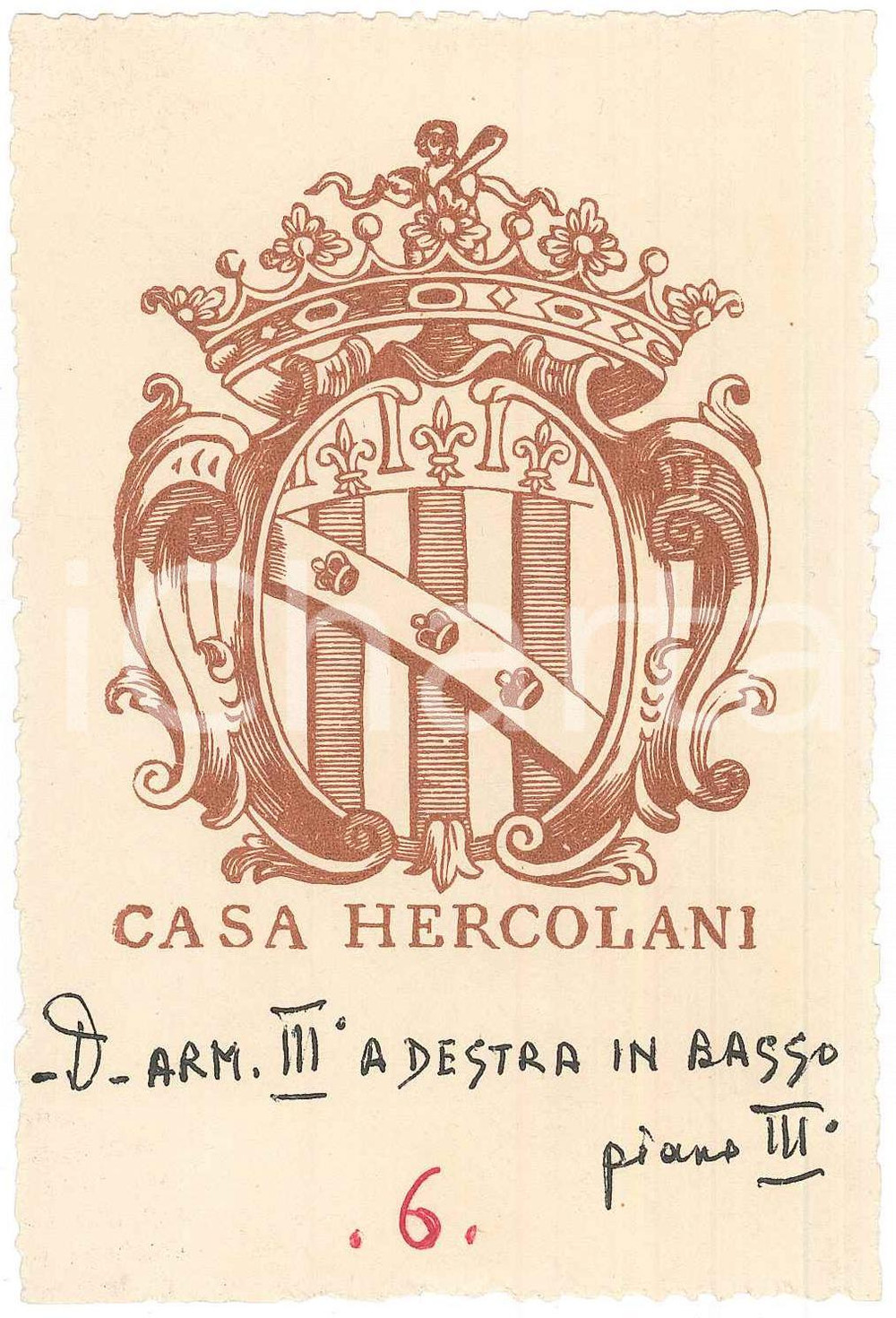 Oggetto da collezione cartaceo 1960 ca BOLOGNA Casa HERCOLANI  Ex Libris con stemma nobiliare 8x12 cm 1