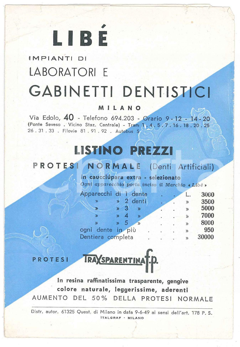 Materiale pubblicitario d’epoca 1950 ca MILANO  LIBE  Laboratori dentistici  Listino prezzi ILLUSTRATO 1