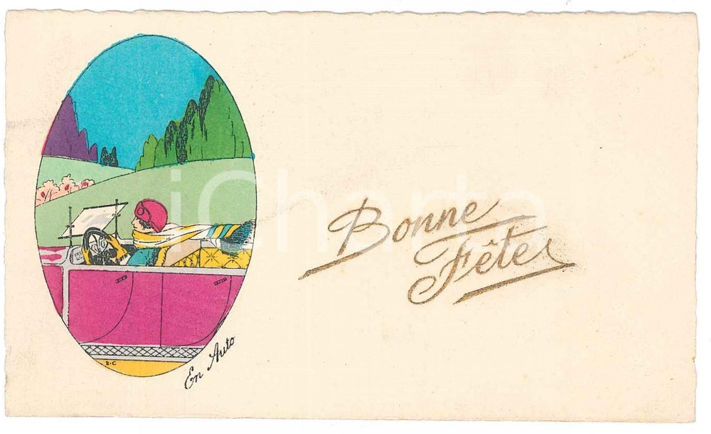 Oggetto da collezione cartaceo 1920 ca ART DECO  FRANCE Billet Bonne FÃªte  En auto ILLUSTRE 1