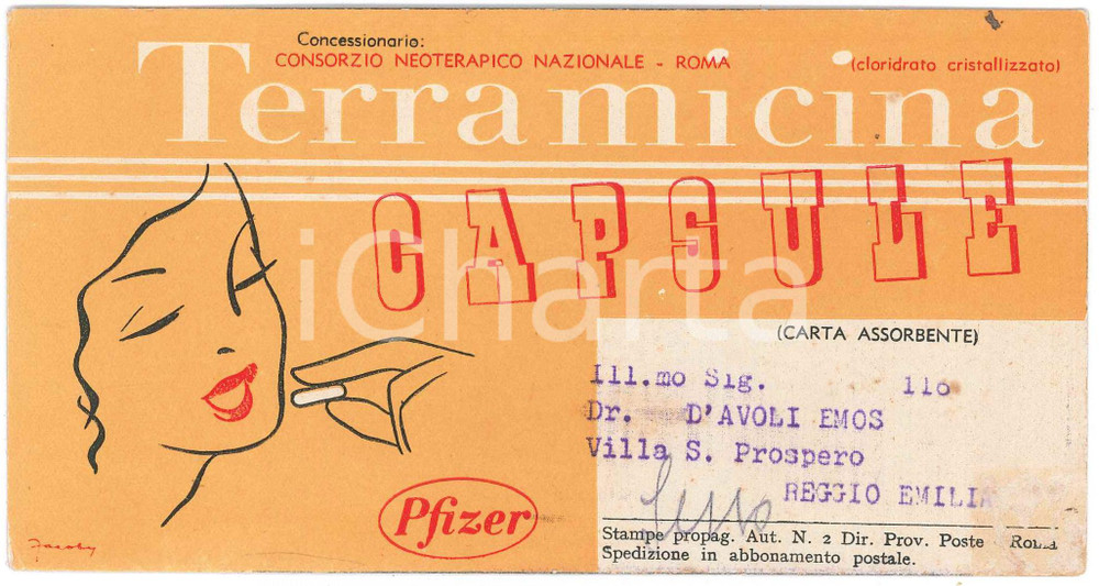 Materiale pubblicitario d’epoca 1960 ca FARMACEUTICA  PFIZER  TERRAMICINA Capsule Cartoncino pubblicitario 1