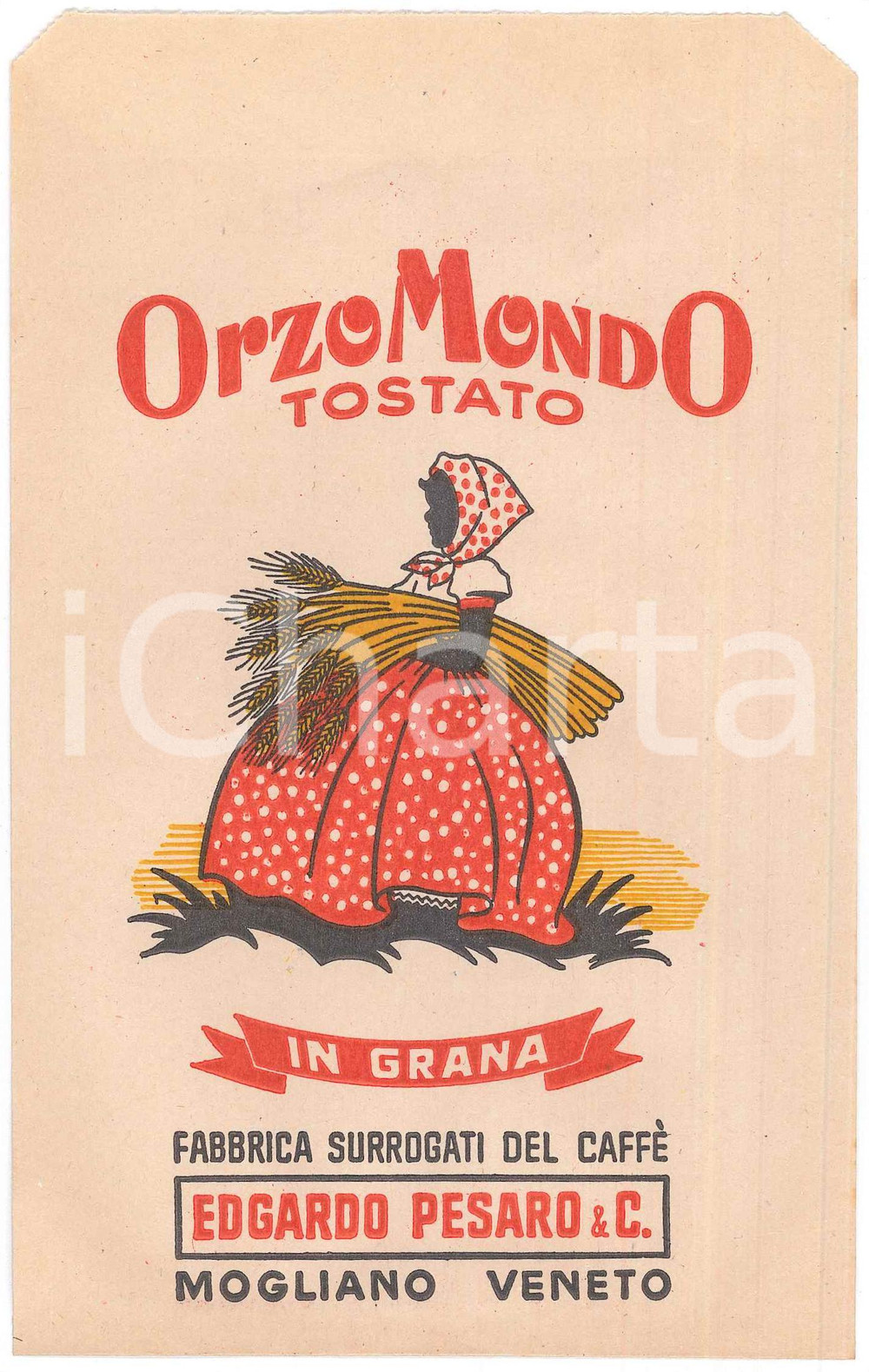 Materiale pubblicitario d’epoca 1950 ca MOGLIANO VENETO Edgardo PESARO  Orzo Mondo tostato Busta pubblicitaria 1