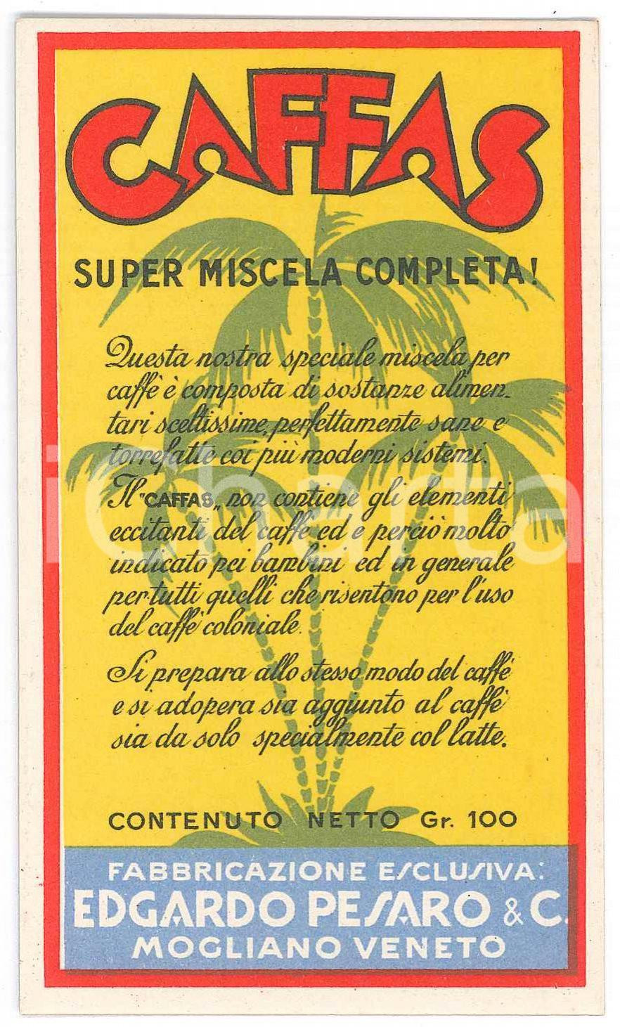 Materiale pubblicitario d’epoca 1950 ca MOGLIANO VENETO Edgardo PESARO Miscela CAFFAS Cartoncino pubblicitario 1